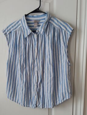 H&M Blue and White Striped Linen-Blend Sleeveless Top